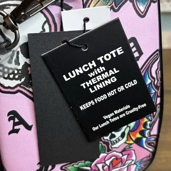 Ed Hardy Pink Y2K‎ Thermal Lunch Tote Hot or Cold Dual Straps Skulls Butterflies - Picture 5 of 15